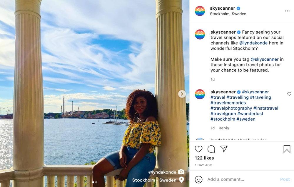 Influencer post on SkyScanner's Instagram page.