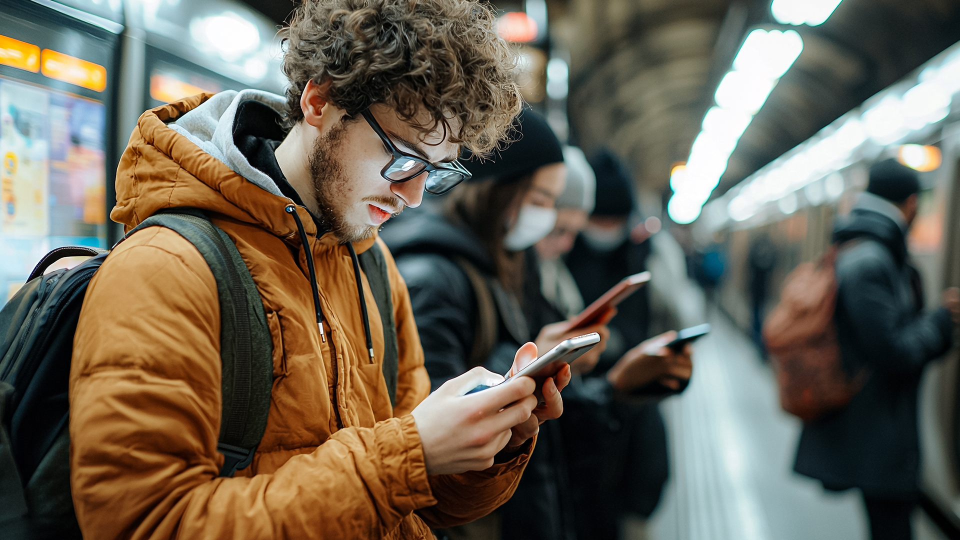 Man looking at his phone in subway